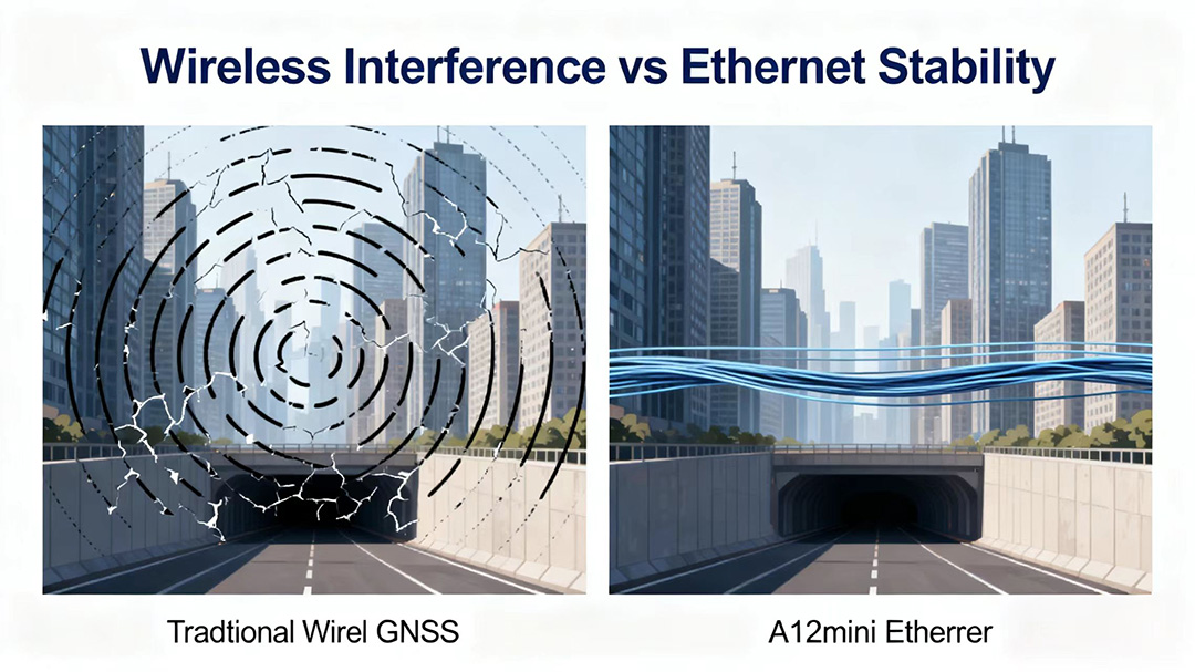 Illustration comparing wireless GNSS signal transmission under interference with stable wired Ethernet GNSS data flow using A12mini.